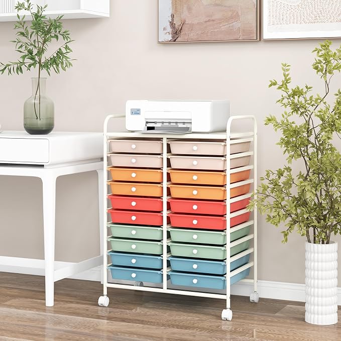 COSTWAY 20-Drawer Rolling Storage Cart, Multipurpose Storage Trolley on Wheels for Home Office, School, Macaron