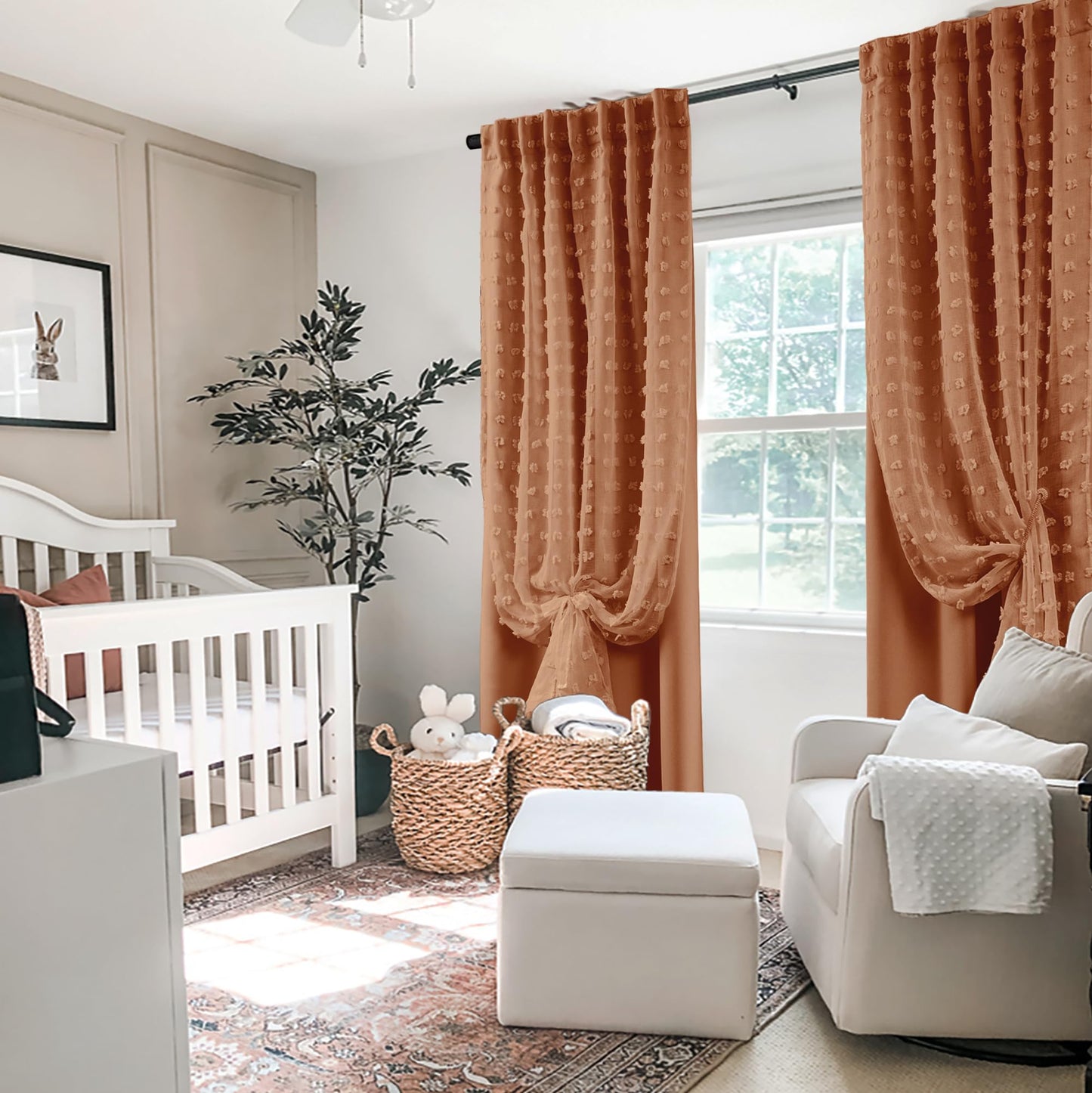 Boho Blackout Curtains for Bedroom 84 Inch Length 2 Panels Set,Vintage Farmhouse Terracotta Rust Pom Pom Textured Patterned Double Layer Sheer Overlay Bohemian Western Curtain Drapes for Living Room