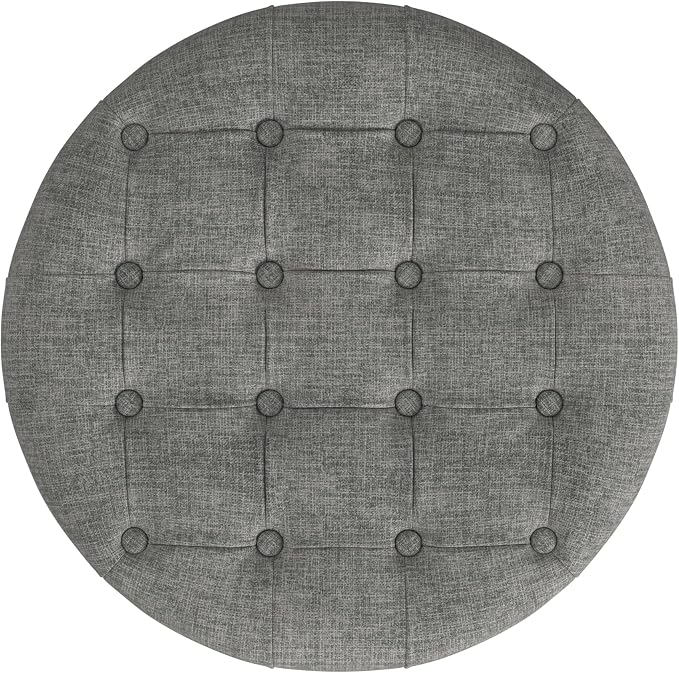 Homepop Home Decor |Button Tufted Woven Round Storage Ottoman | Ottoman with Storage for Living Room & Bedroom (Gray Woven)