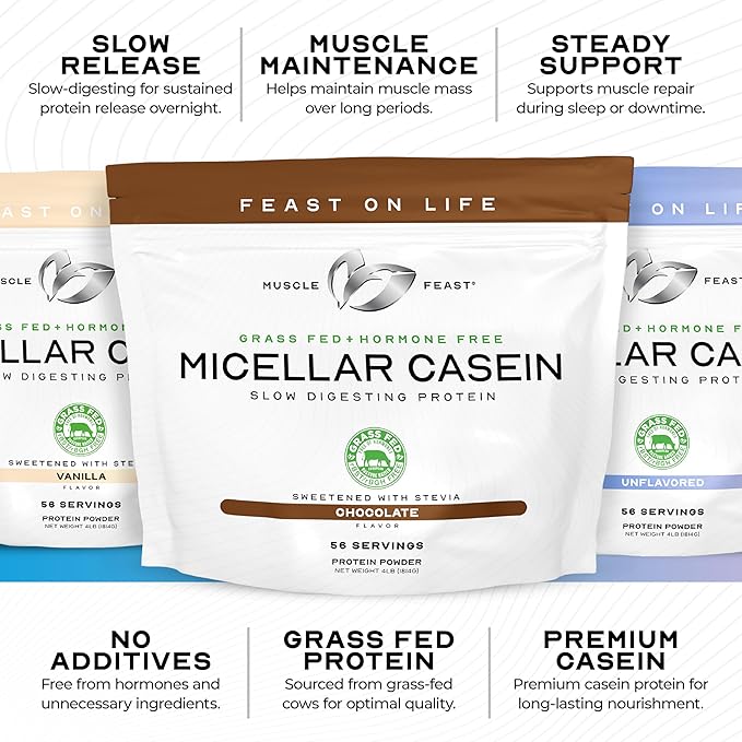 Muscle Feast Grass Fed Micellar Casein Protein Powder, Pasture Raised & Hormone Free, Slow Digesting Casein Protein - Supports Overnight Muscle Recovery, Gluten Free Protein Powder - Vanilla, 4lb