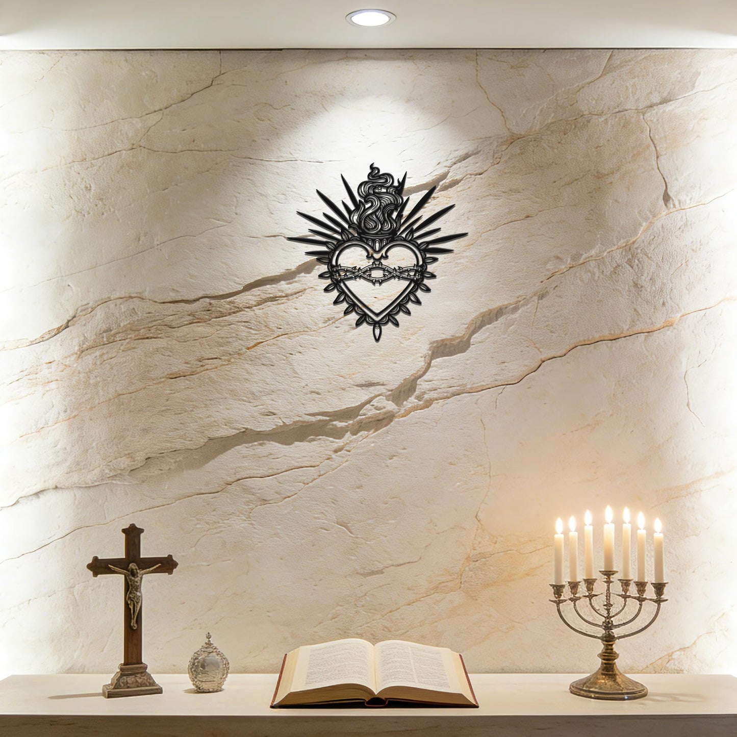 JEWLOVE 13" × 12.6" Matte Black Sacred Heart Metal Wall Art – Catholic Art, Milagro Heart & Sacred Heart Wall Decor for Living Room & Prayer Room