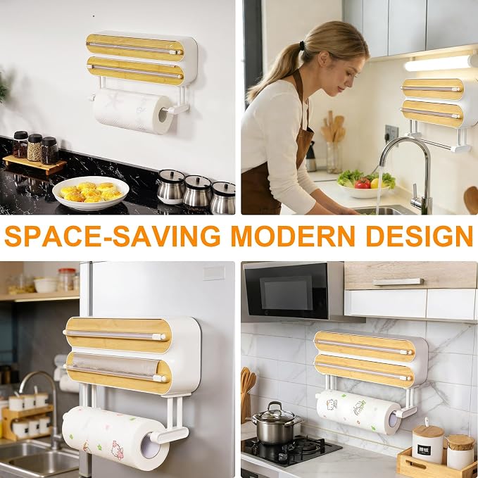 Kitchen Wrap Dispenser with Cutters Organize Aluminum Foil Plastic Wrap Wax Paper Wooden Design Storage Organizer with Easy Tear System for Countertop Pantry and Kitchen Cabinet (3in1)