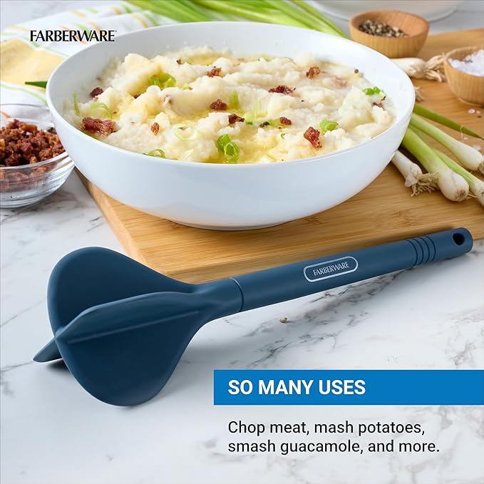 Farberware Professional Silicone Meat Masher and Ground Beef Chopper Tool - Blue, Heat Resistant to 450F, Nonstick Safe, Dishwasher Safe Potato Masher and Meat Chopper