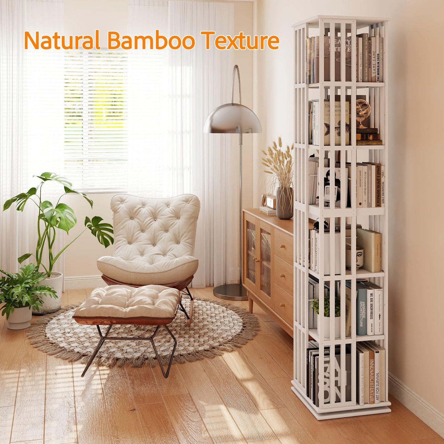 Raykion Rotating Bookshelf Tower, 6 Tier Bamboo Spinning Book Shelf, 360 Revolving Bookcase for Small Space Corner, Large Capacity Swivil Bookshelf for Living Room Bedroom Home Office, White