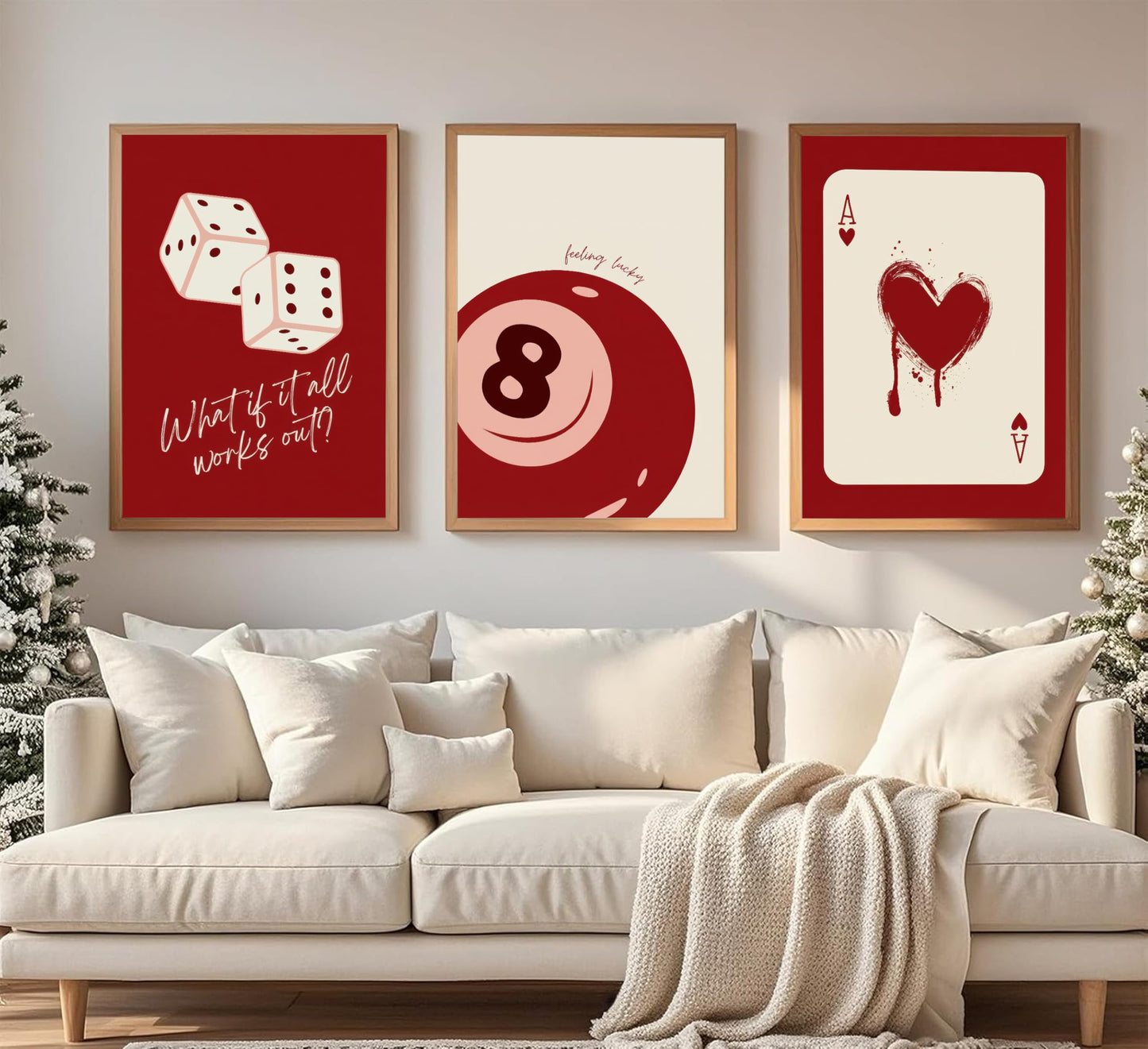Luyeeteme Set of 3 Unframed Red Wall Art Posters, Funky Retro Y2K Trendy Aesthetic Room Decor, Lucky 8 Ball & Poker Dice Prints for College Dorm, Apartment, Game Room (16x24Inch)