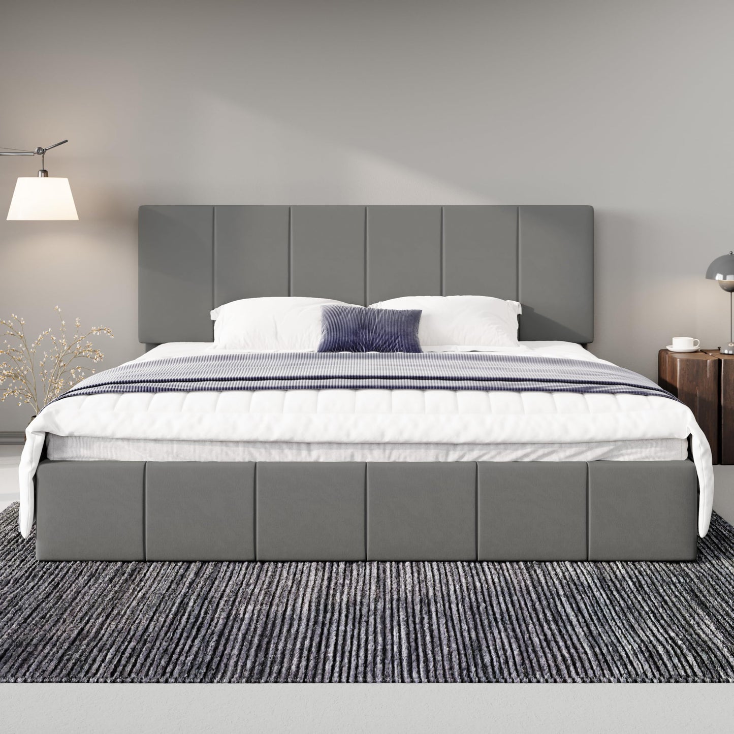 Allewie King Size Dutch Velvet Upholstered Platform Bed Frame/Vertical Channel Tufted Adjustable Headboard/Low Profile Bed Frame/No Box Spring Needed/Easy Assembly/Grey