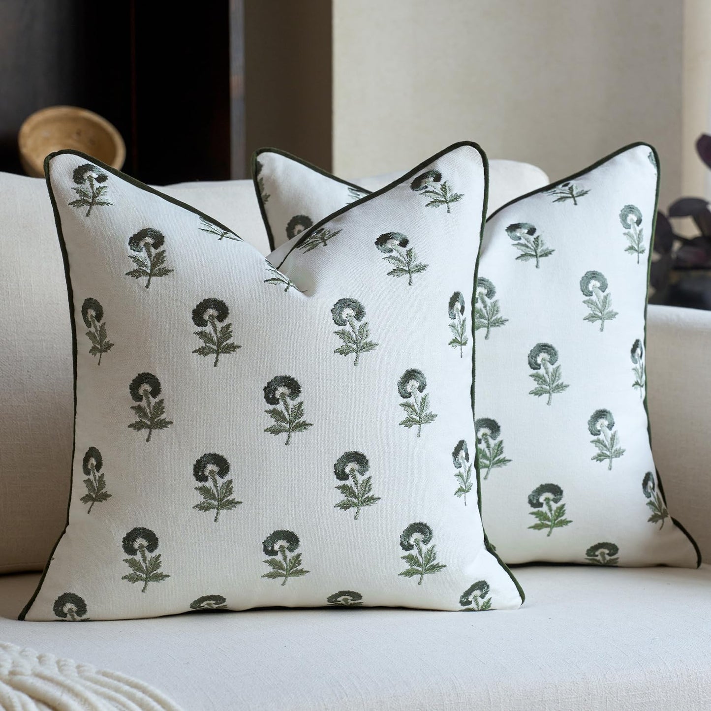 FIOUOVO Embroidered Floral Pillow Covers 18x 18 Set of 2 Cotton Farmhouse Throw Pillow Covers with Piping Edge Decorative Cushion Covers for Sofa Couch Bedroom Living Room, Olive Green
