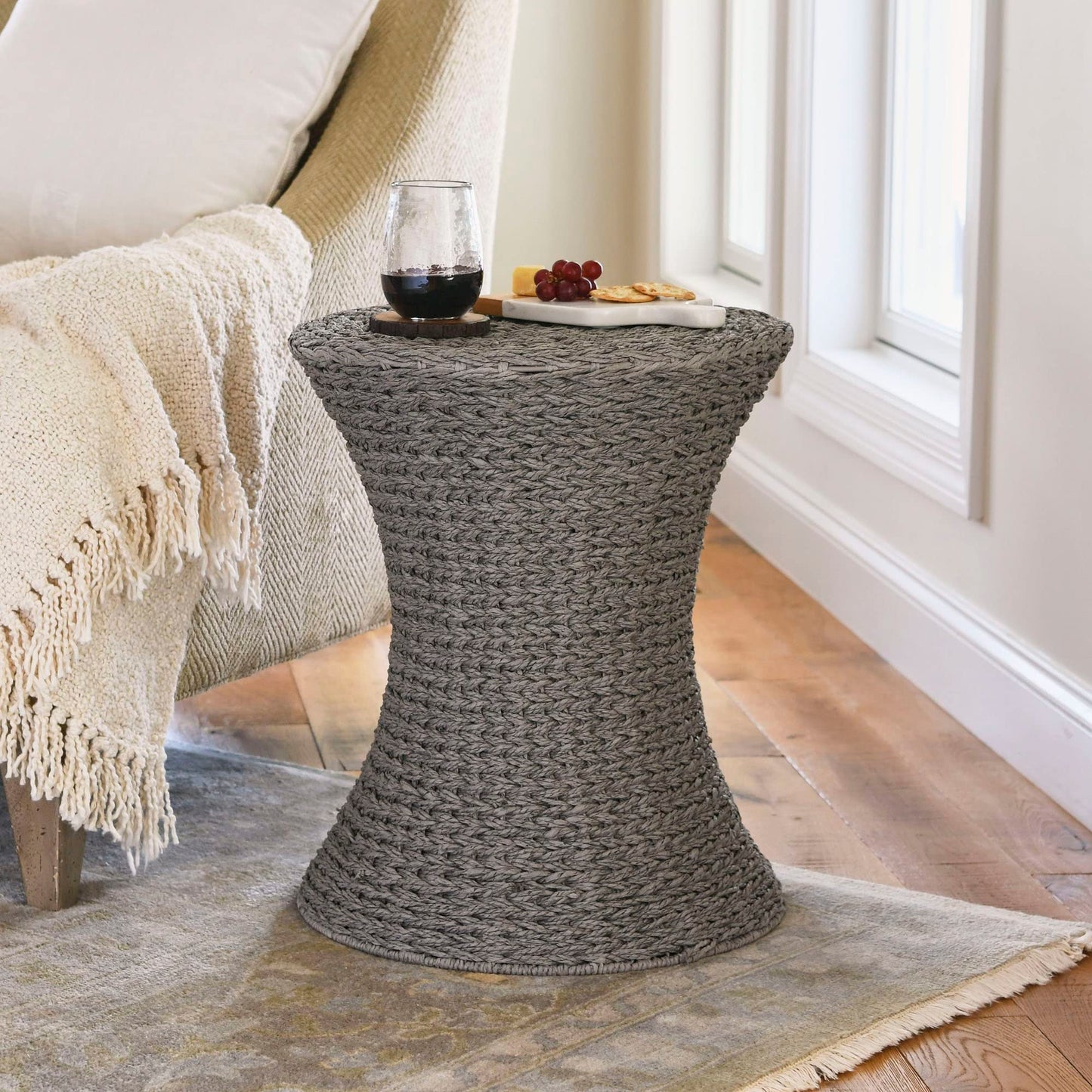 Household Essentials Handwoven Paper Rope Stool with Hourglass Shape, Gray