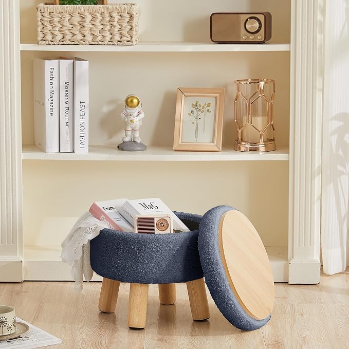 Small Foot Stool Ottoman with Storage, Sherpa Ottoman Foot Rest for Couch, Round Footstool with Storage, Small Ottomans and Footstools for Living Room and Entryway (Navy Blue)