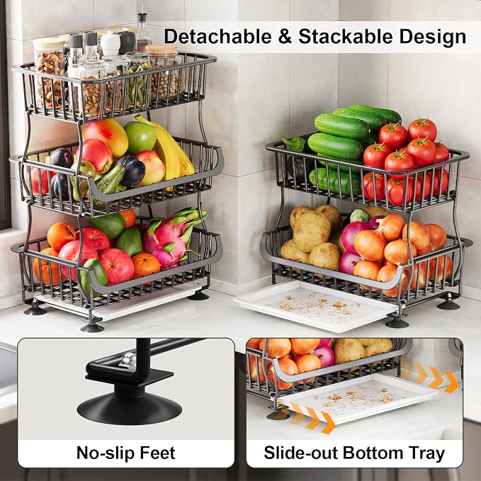 3 Tier Rolling Pantry Floor Organizers and Storage Cart with Wheels, Fruit Basket Stand on Wheels, Vegetable Baskets for Kitchen, Three Tiered Pantry Shelves Organzier for Snack, Produce, Potato,Onion