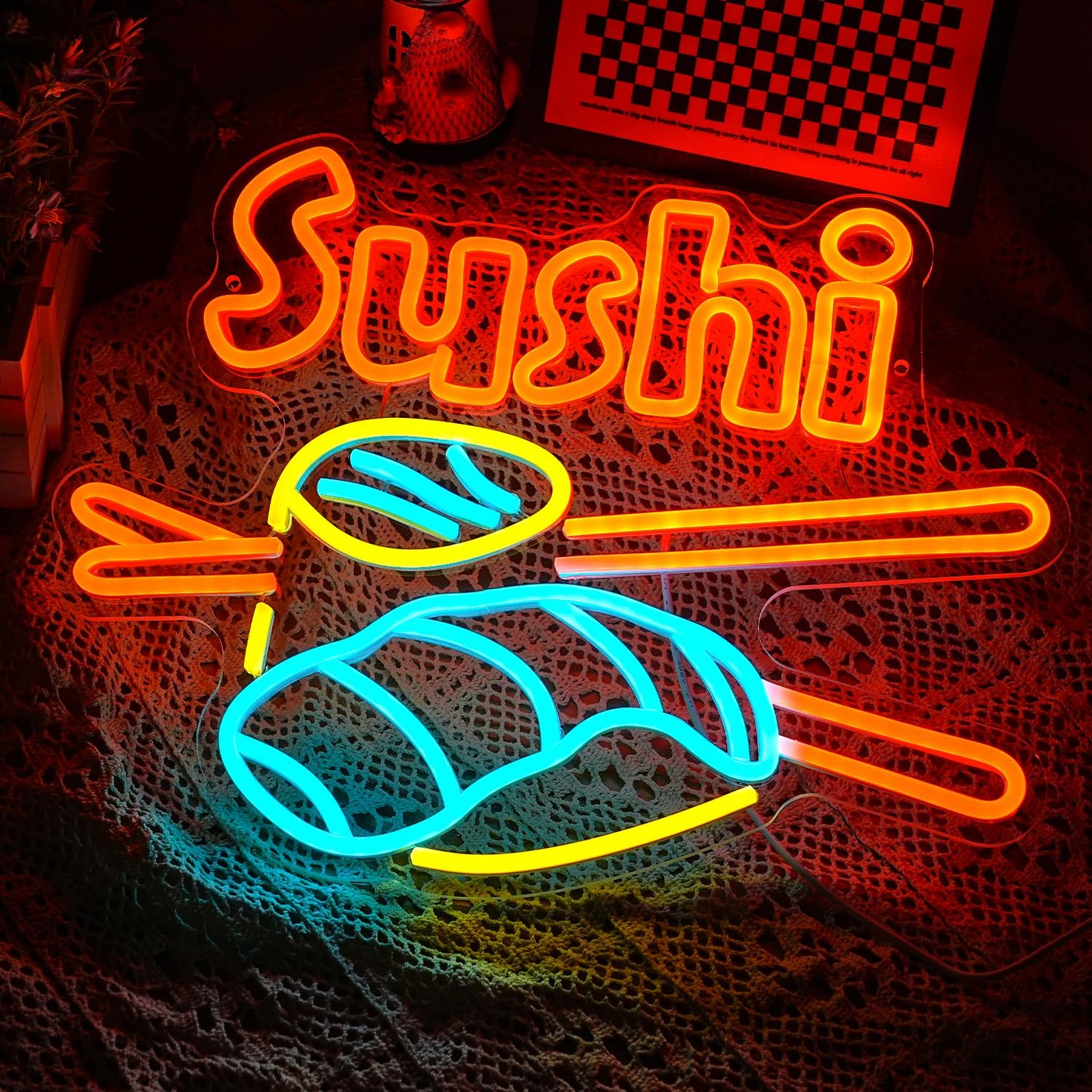 Dimmable Sushi Neon Sign 16.5 * 12.6 Inch LED Sushi Light Up Sign For Wall Decor USB Powered Japanese Neon Light for Sushi Shop Restaurant Home Kitchen Party （Yellow Ice Blue Orange）