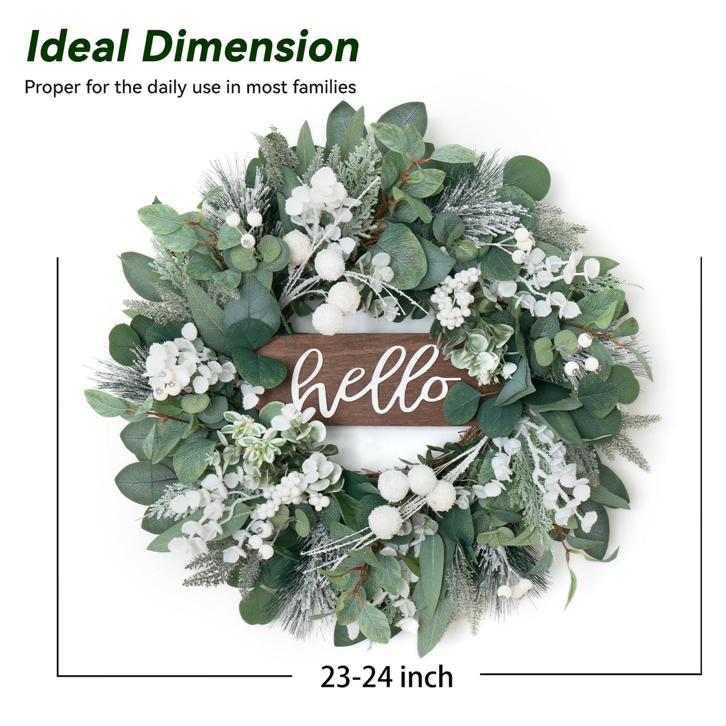 Winter Wreaths Front Door, Soomeir 24 Inch Winter Door Wreath with Snow Leaves, Pines Needles and Hello Wooden Sign for Home Window Mantle Indoor Outdoor Decor