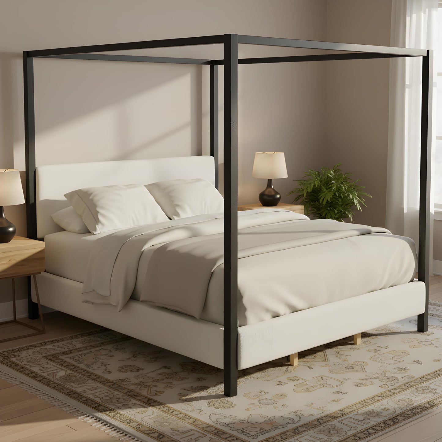 Merax King Size Modern Canopy Bed Frame, Merax Black Metal Platform Bed with Bouclé Upholstered Headboard, Four-Poster Design Wooden Slats Support Bedroom Bed Frame