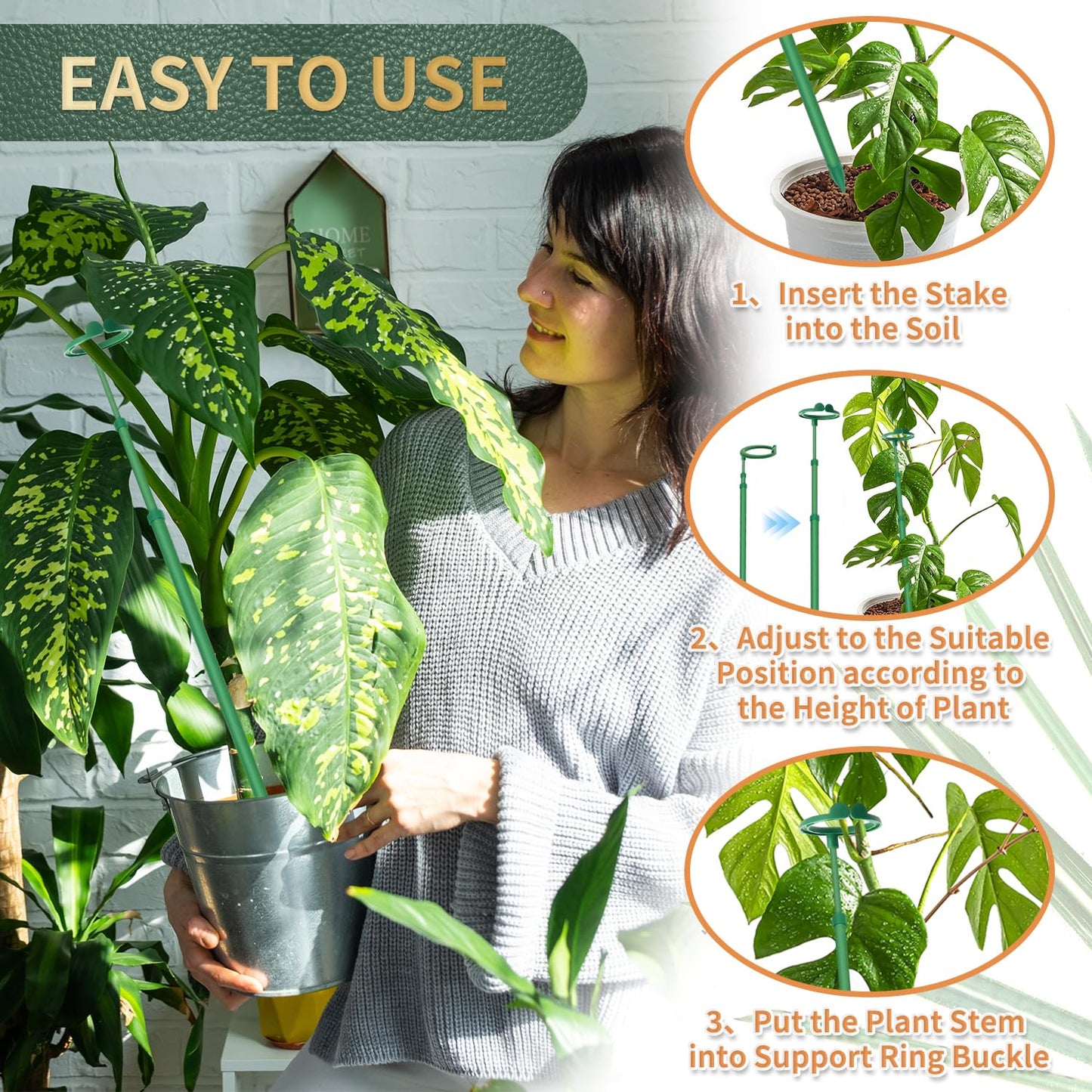 Telescoping Plant Stakes,5Pcs 17.9In to 42.3In Adjustable Monstera Plant Support Orchid Sticks with Clips, Plant Sticks Support Tall for Monstera,Orchids,Tomatoes,Vines & Indoor Outdoor Plants