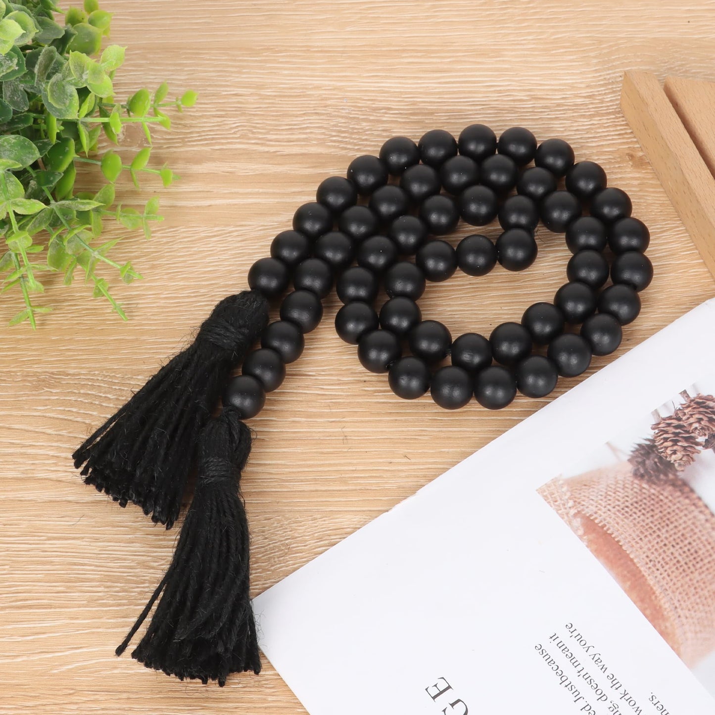 RAMIRABI Wood Beads Garland with Tassels Farmhouse Rustic Prayer Boho Beads for Boho Home Decor, Wall Hanging Decoration (Black)