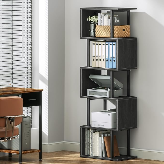 Furologee 6 Tier Bookshelf Tall Geometric Bookcase, S Shaped Industrial Display Standing Shelf, Metal and Wood Decorative Storage Room Divider Rack for Bedroom, Living Room, Office, Light Black Oak
