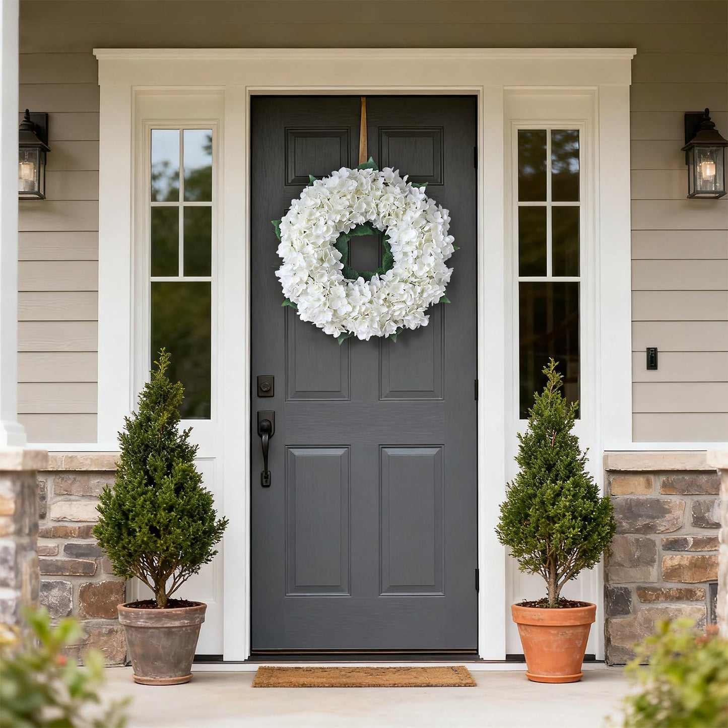 Artificial Hydrangea Wreath for Front Door, 21" Spring Summer White Flower Wreath, Fuax Hydrangeas Leaves for Home Mantel Wall Farmhouse Decor