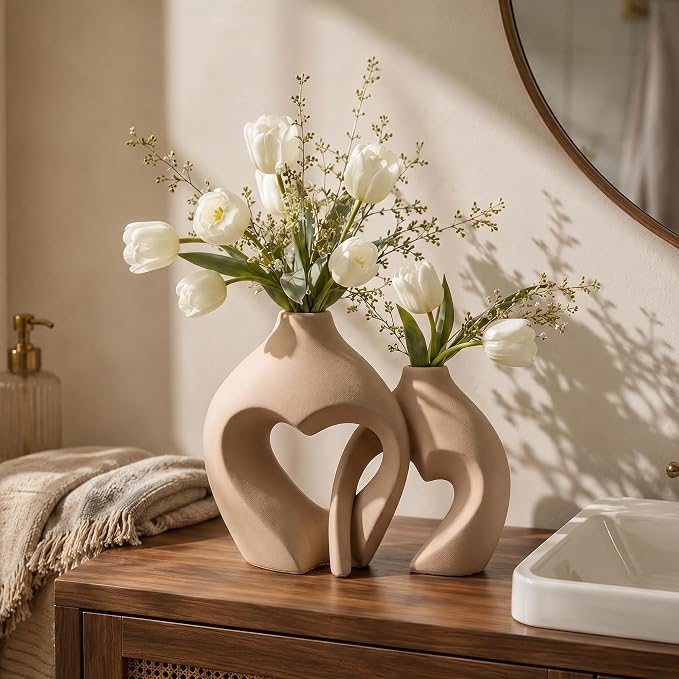 Brown Ceramic Flower Vases Home Decor Heart Shaped Vase Set of 2 Nordic Heart Shaped Vases, Minimalist Decorative Vase for Table Centerpiece Wedding Dining Living Room Office House Decoration