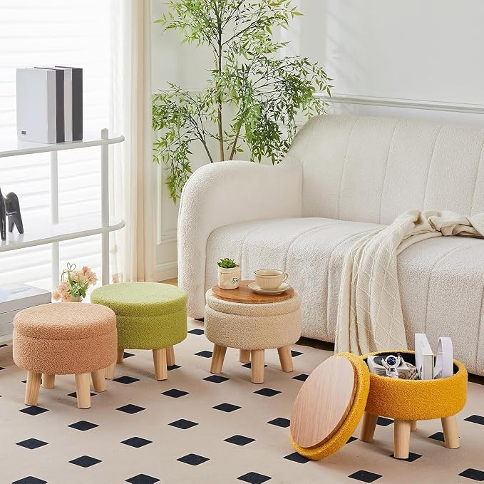 Wimarsbon Storage Ottoman, Modern Round Footrest with Soft Padded Seat, Teddy Velvet Footstool with Wood Legs, Accent Small Table or Plant Stand for Hallway, Living Room (Brilliant Green)