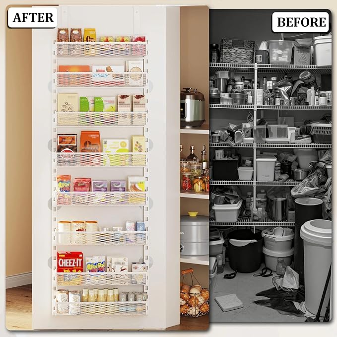 Over the Door Pantry Organizer, 8-Tier Over the Door Spice Rack with Adjustable Baskets, Wall-Mounted or Hanging Shelves for Kitchen, Laundry Room, Bathroom(White, 15.35"W x 5.2"D x 72.6"H)