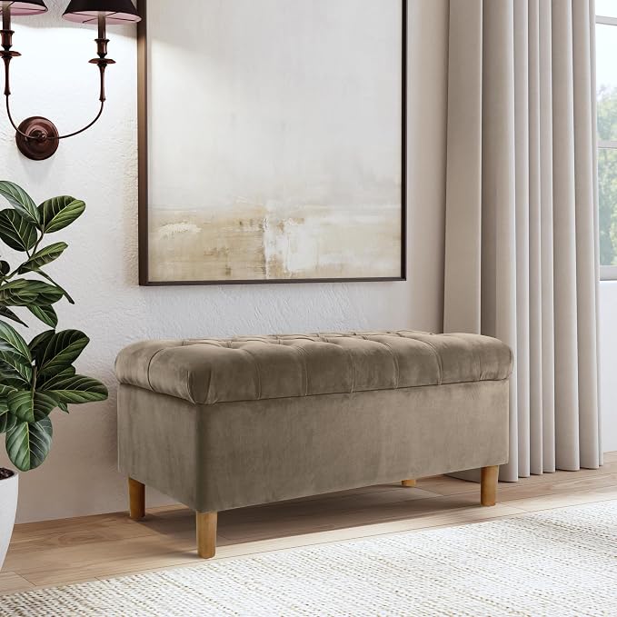 Homepop Home Decor | Tufted Ainsley Button Storage Ottoman Bench with Hinged Lid | Ottoman Bench with Storage for Living Room & Bedroom,Fawn Velvet