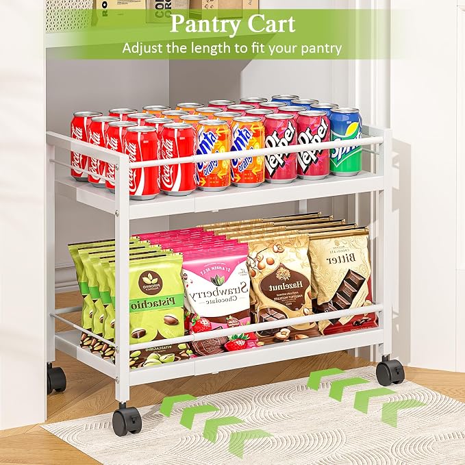 1 Pack 2-Tier Expandable Pantry Floor Organizer Cart, Rolling Pantry Storage Cart with Wheel, Adjustable Can Organizer for Kitchen Pantry, Pantry Shelves and Storage Rack for Snacks, Vegetables, White