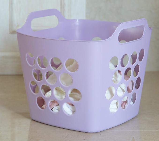 Flexible Plastic Carry Laundry Basket Holder Square Storage Hamper with Side Handles, Purple Set of 3