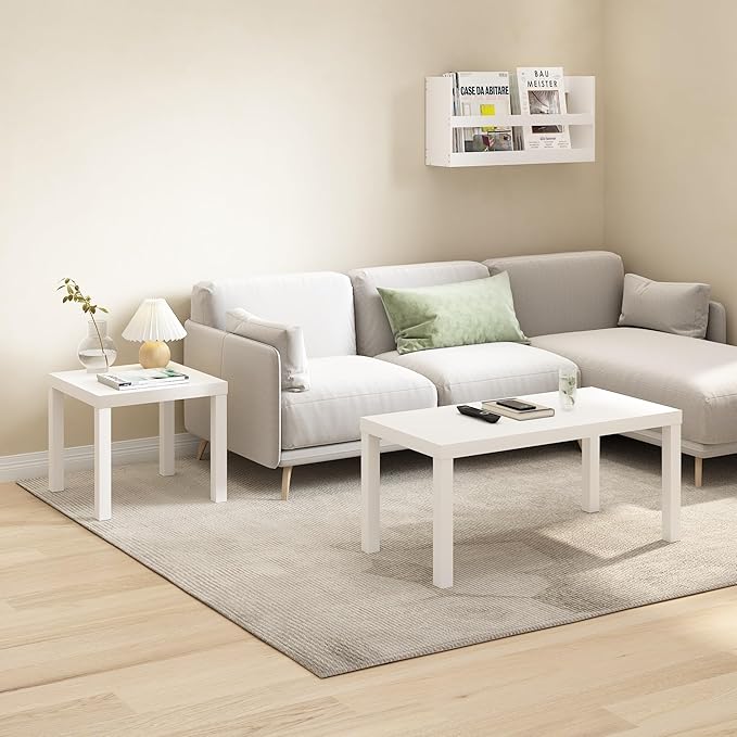 Furinno Classic Coffee Table, Modern Rectangle Coffee Table with 1.8 Inch Thick Tabletop, Side Table for Living Room, Home Office, Plain White