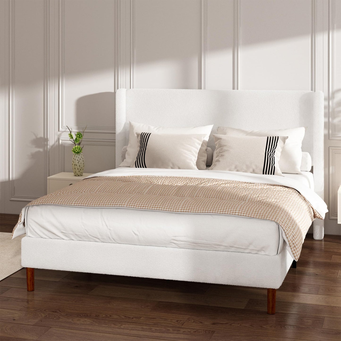 Mxhtcewz Queen Boucle Bed Frame, Platform Bed with Upholstered Wingback Headboard, Strong Wooden Slats Support, Noise-Free, Easy Assembly, No Box Spring Needed, White