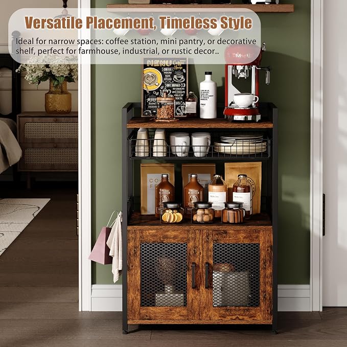 Hencawima Coffee Bar Cabinet, 3 Tier Coffee Station Table on Wheels, 35.9" H Bar Cart with Wire Basket Drawer & 5 Hooks for Home Kitchen, Liquor Buffet Sideboard Cabinet (Rustic Brown)