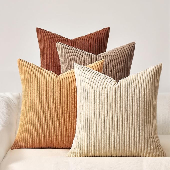 Topfinel Yellow Brown Throw Pillow Covers Rustic Modern Soft Corduroy Striped Decorative Cushion Cover 16x16 Inch Gradient Farmhouse Pillow Case Set of 4 for Sofa Couch Living Room Bedroom