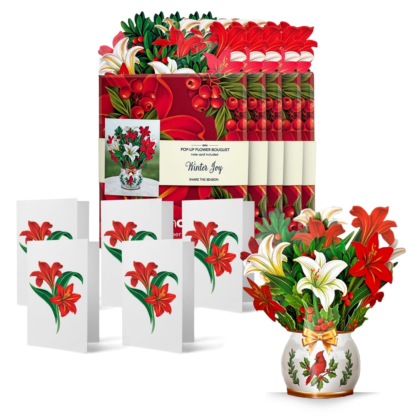 Freshcut Paper Pop Up Cards, Mini Winter Joy, 6 inch Mini Sized Paper Flower Bouquet 3D Popup Greeting Cards, Christmas Card, Holiday Card, Blank Notecards & Envelopes, Pack of 5