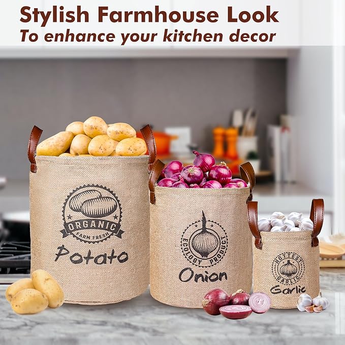 Kamehame Potato and Onion Storage Baskets Pack of 3, Lined Burlap Pantry Storage Bins for Potato Onion Garlic with Handles