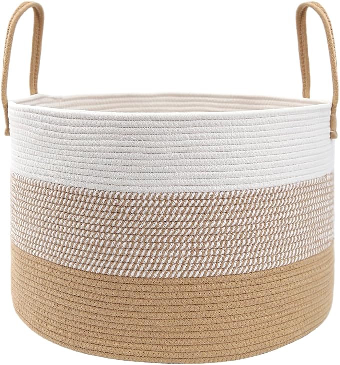 JMvicyroam 115L Extra Large Blanket Basket for Living Room - Woven Cotton Rope Laundry Hamper with Reinforced Handles - Storage Bin for Pillows, Comforters & Toys - Machine Washable,White&Jute Mix