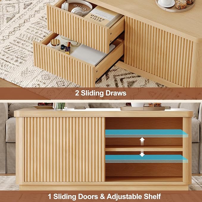 Itaar 39.4'' Lift Top Coffee Table with Storage, Fluted Coffee Tables for Living Room, Square Coffee Table with Large Hidden Compartment & 2 Drawrs & Adjustables Shelves, Oak