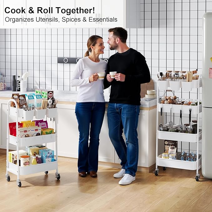 White 4 Tier Rolling Cart Metal with Wheels, Heavy Duty Utility Storage Organizer Carts on Wheels, Four Tiered Roller Cart for Kitchen, Book, Snack, Craft, Art, Dorm, Large Capacity Basket, 38in Tall