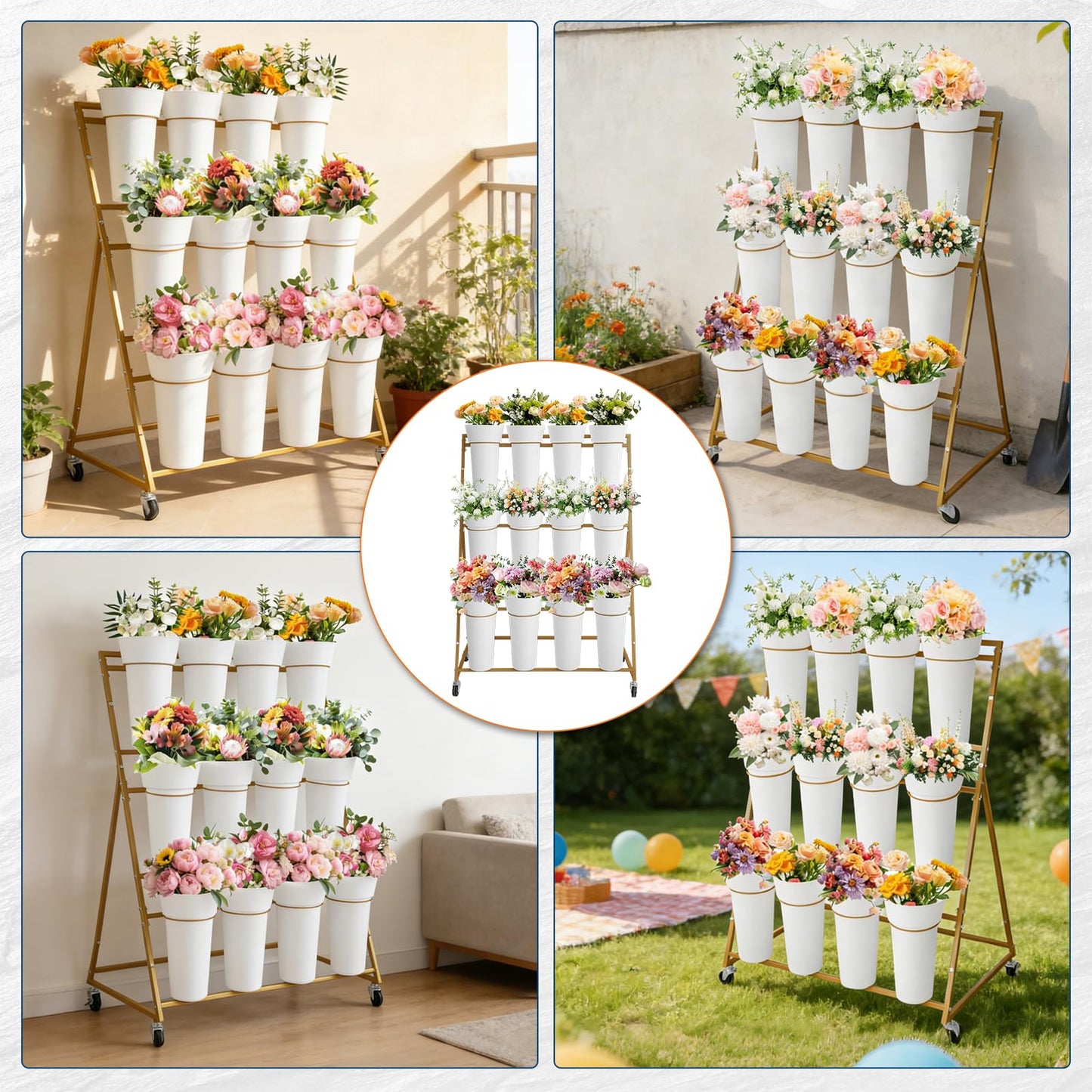 Garvee Flower Display Stand,3 Tier Flower Cart with 12 Round Buckets and Wheels, Moving Flower Cart Display Stand for Garden, Wedding, Flower Shop,Gold