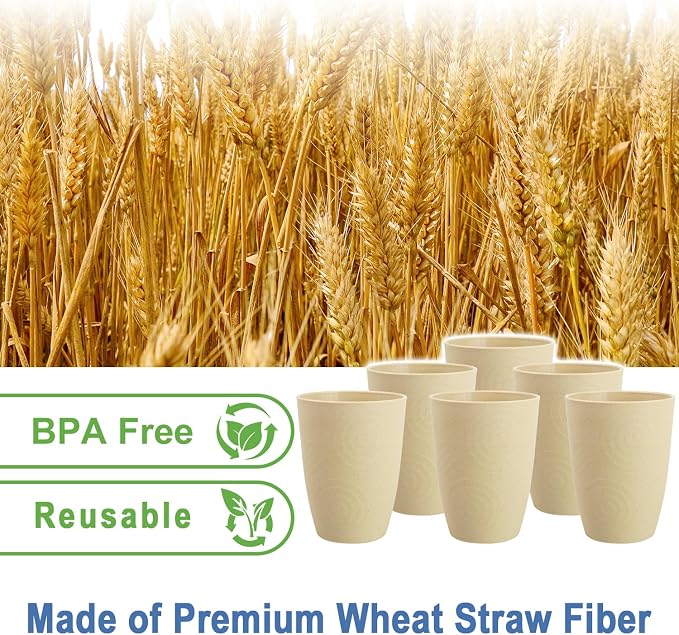 12 oz Wheat Straw Cups Set of 6, Alternatives to Plastic Cups Reusable, Unbreakable Water Cups, Dishwasher Safe Kitchen Cup, Small Water Cups for Kitchen (Beige)