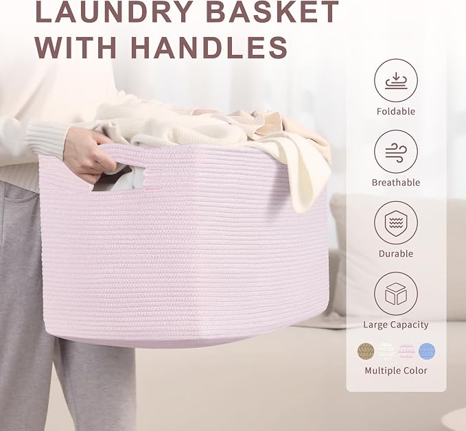 86L Large Baby Girls Laundry Basket for Nursery Storage,Cute Woven cotton Rope Baskets for Kids Toy，Gifts, Boho Square Wicker Blanket hamper for Living Room,Bedroom Dirty Clothes,Pink