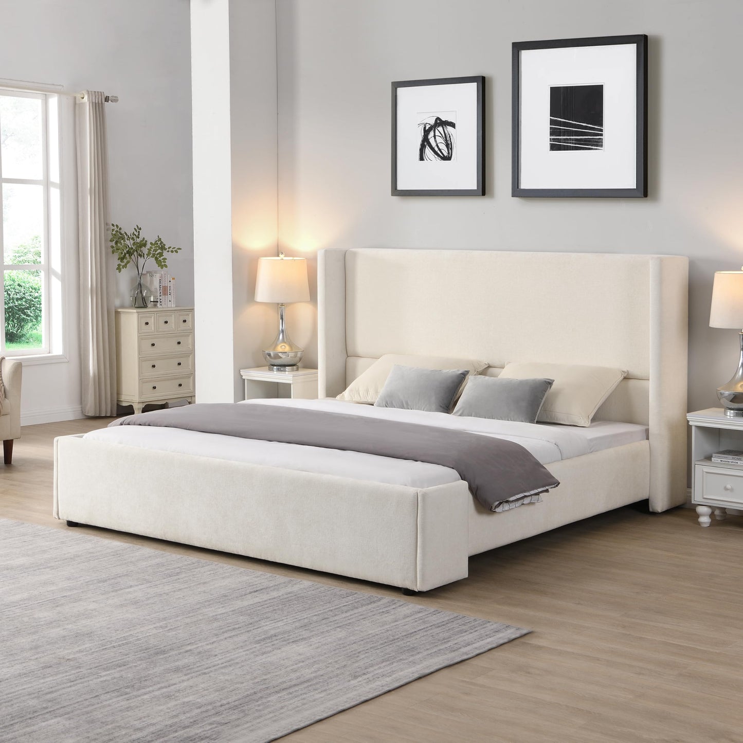 Merax King Size Bed Frame, Elegant White Upholstered Platform Bed with 41.1" Tall Wingback Headboard for Bedroom, Solid Wood Slats Support, No Box Spring Needed, Easy Assembly