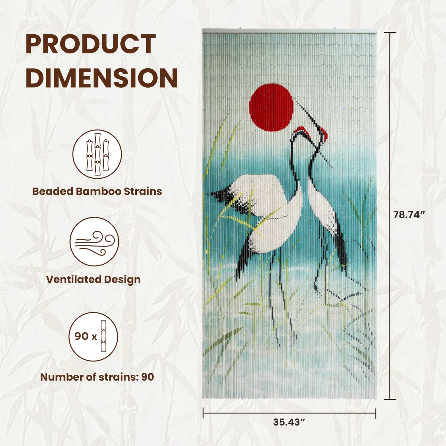 Vietbud Décor Cranes with Red Sun Beaded Curtains for Doorways, Decorative Room Divider, Natural Vietnamese Craft, Indoor Hanging Bamboo Blinds, Sturdy Hook, Easy to Clean, 35.43 x 78.74 Inches
