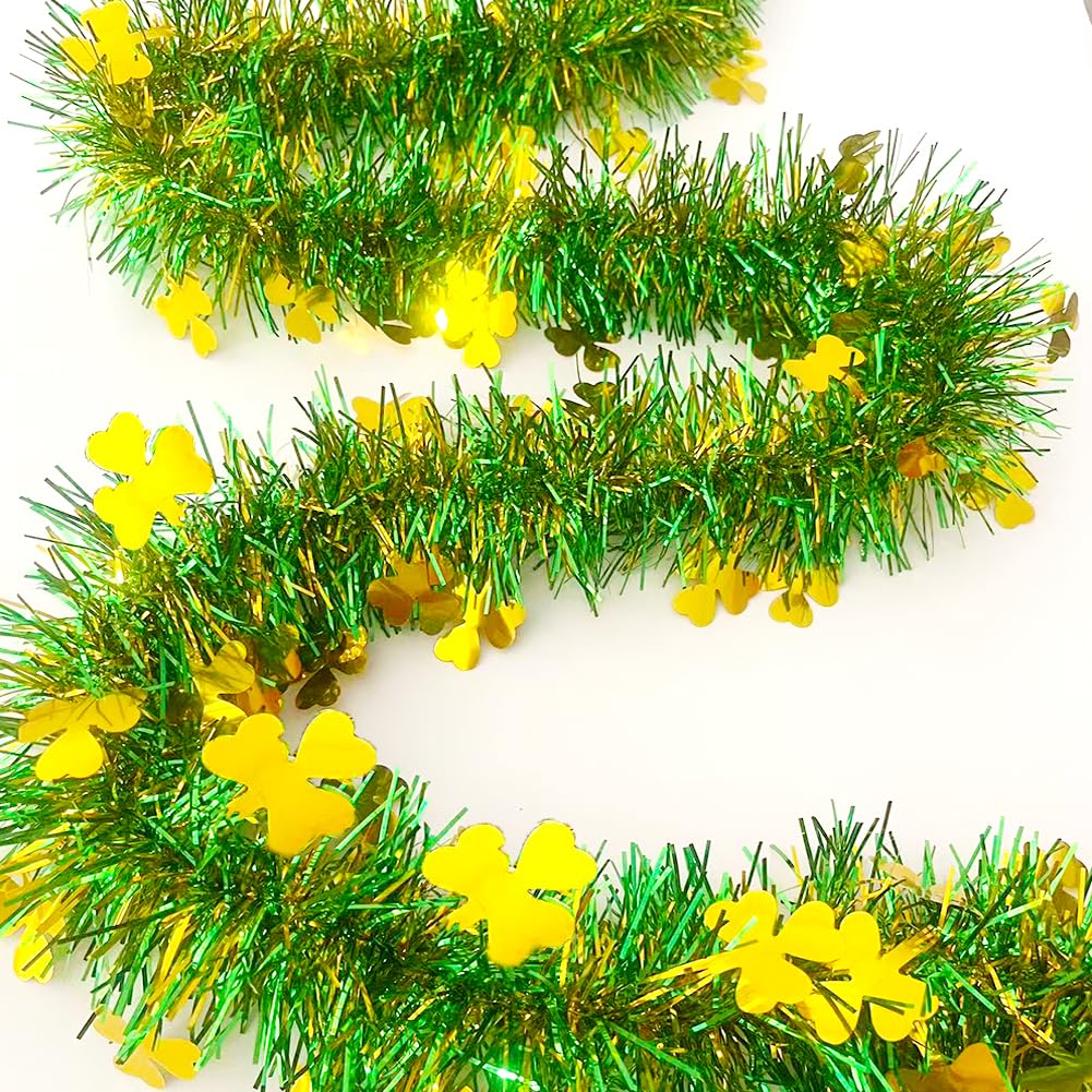 66 Ft St.Patrick's Day Tinsel Garland Decorations Shiny Thick Green Garland with Gold Shamrock Design Irish Holiday Clover Hanging Decor for Home Indoor Outdoo Saint Patrick's Day Party Supplies