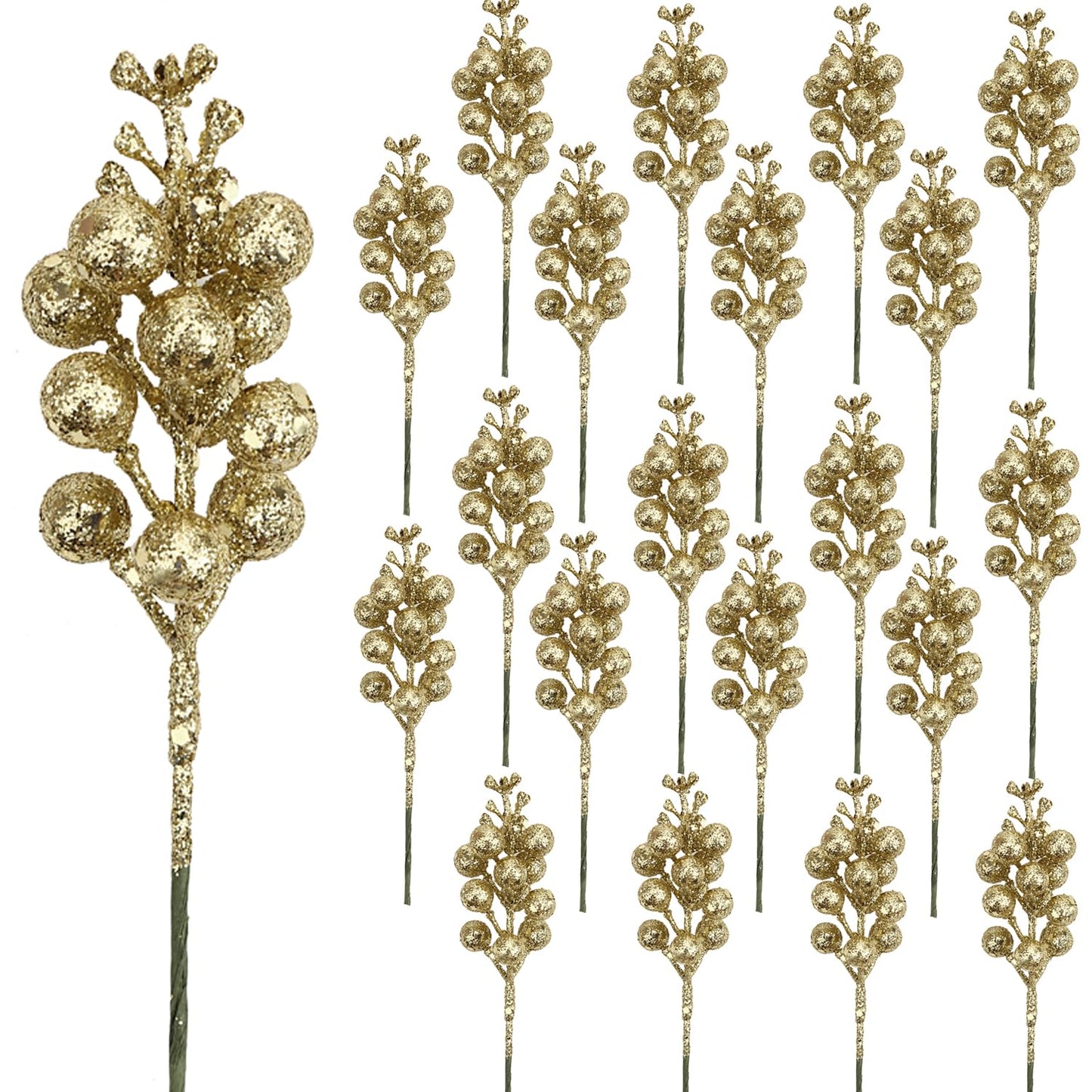DIYASY Champagne Glitter Berry Stems,20Pcs Artificial Xmas Picks and Sprays Christmas Tree Filler Branches Ornaments Holiday Wreath Garland Decorations Home Décor 7.8 Inch