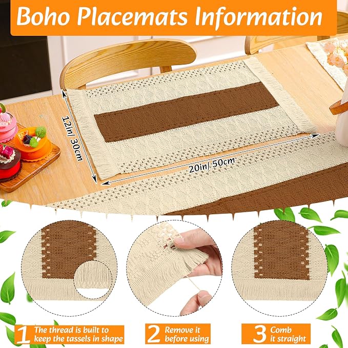 6 Sets Boho Decoration Placemats Round Woven Placemats, Cloth Napkins, Wood Bead Napkin Rings, Long Table Runner and Farmhouse Burlap Cotton for Table Kitchen (Caramel,12x72)