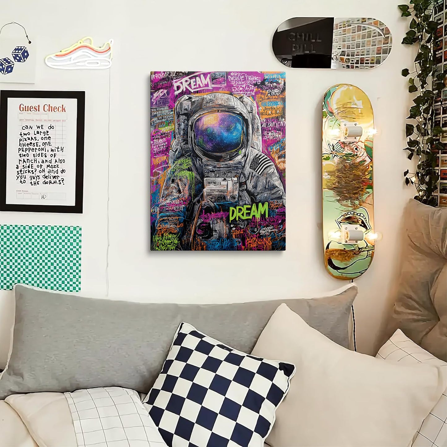 Graffiti Astronaut with DREAM Text Galaxy Visor Canvas Wall Art Framed Banksy Style Painting Prints Posters Artwork for Boys Room Space Themed Wall Decor 12x16 Inches