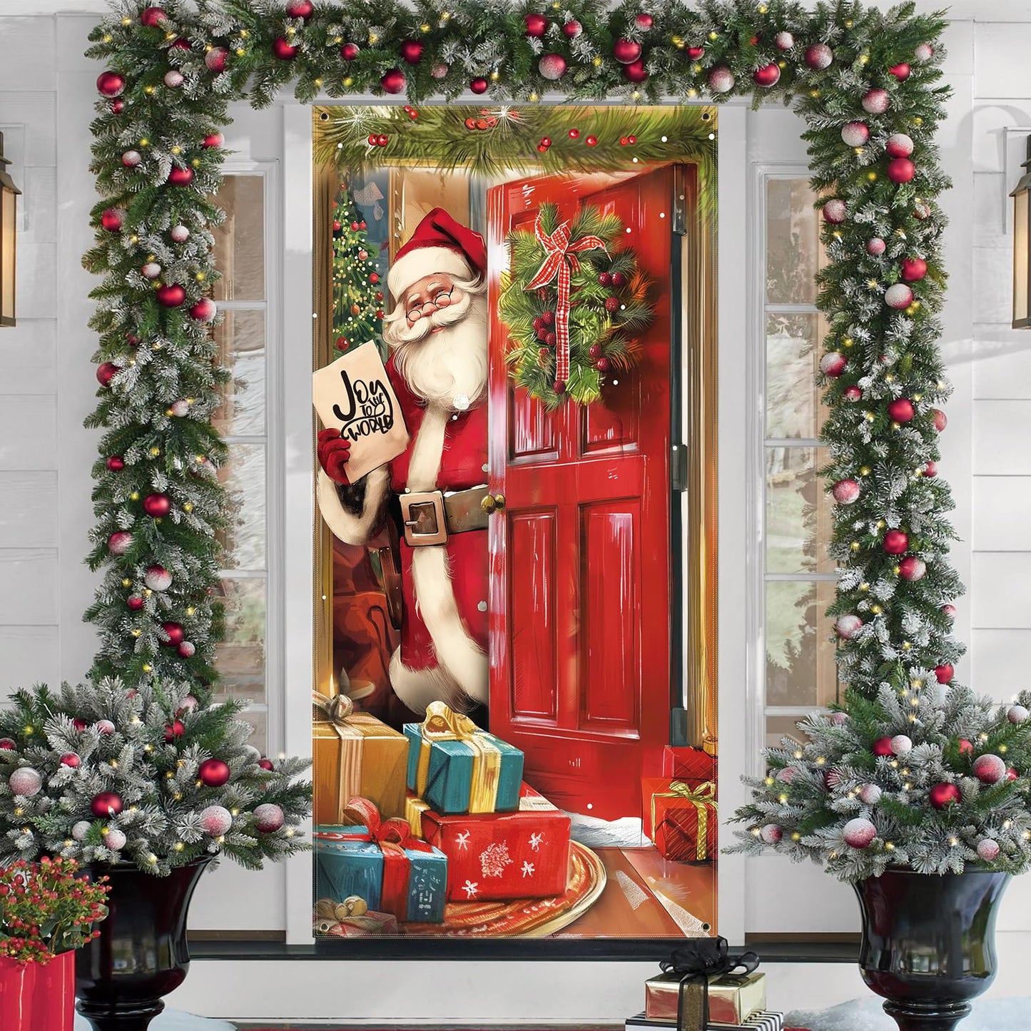 CCINEE Christmas Door Cover Decoration - Xmas Santa Claus Window Door Cover Hanging Banner Background for Front Door Christmas Party Supply