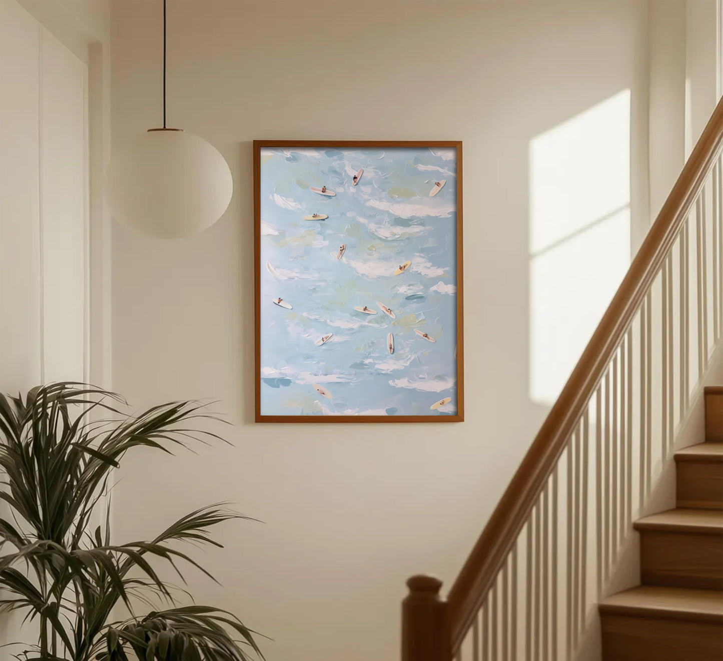 Blue Ocean Wall Art Coastal Surf Poster Beach Vacation Picture Wall Decor Abstract Beach People Surfing Painting Seashore Canvas Print Artwork for Living Room Bedroom Apartment Decoration,UNFRAMED