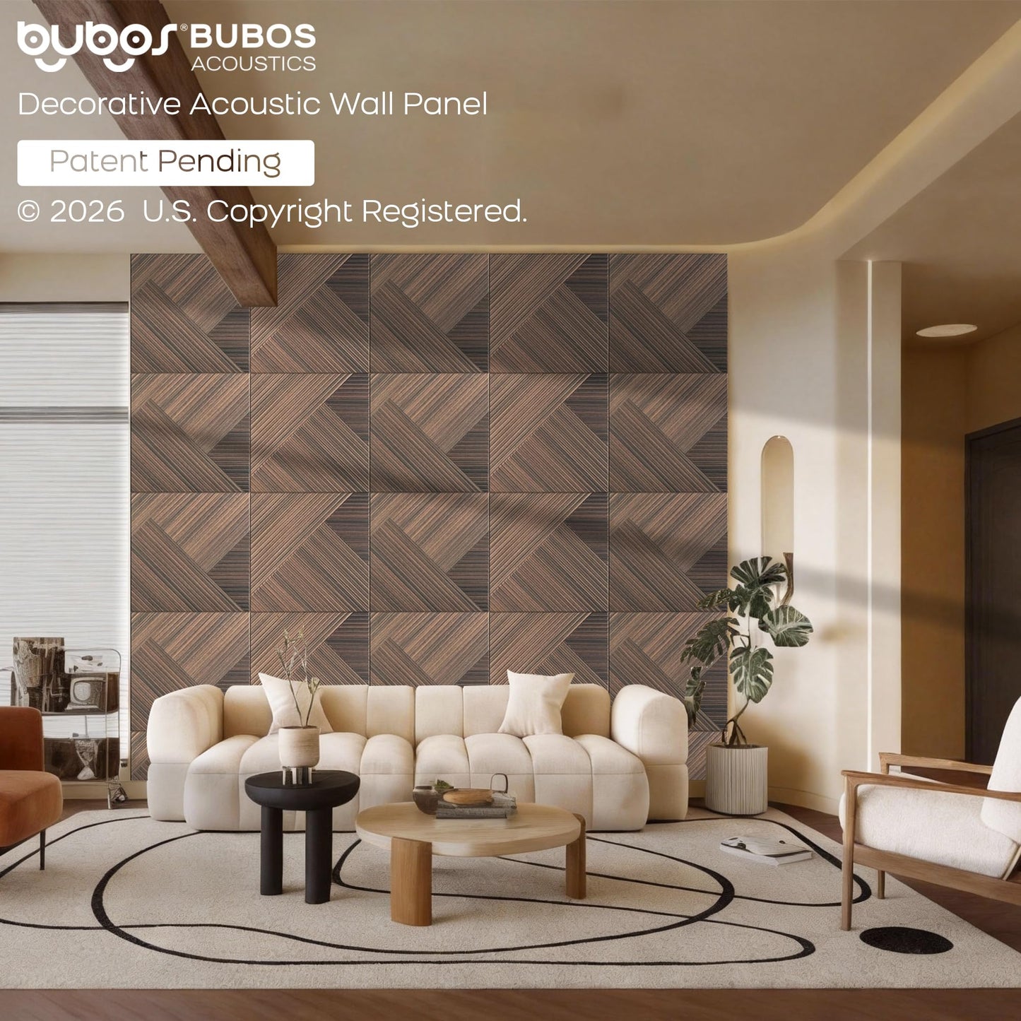 BUBOS 6 Pack Acoustic Wood Wall Panels, 23.6x23.6 Inch Sound Absorbing Tiles with Full Adhesive Backing, Decorative Peel and Stick Panels for Home Office, Living Room and Studio(Red Brown Walnut)