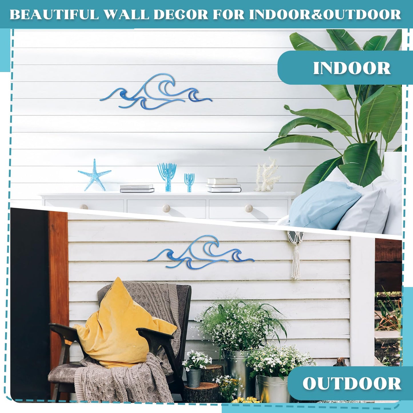 Seeloowy Wave Wall Decor Blue Metal Wire Wall Art Ocean Coastal Sea Beach Pictures Surf Nursery Themed Hanging for Home Living Room Summer Seaside Decoration for Bedroom Bathroom