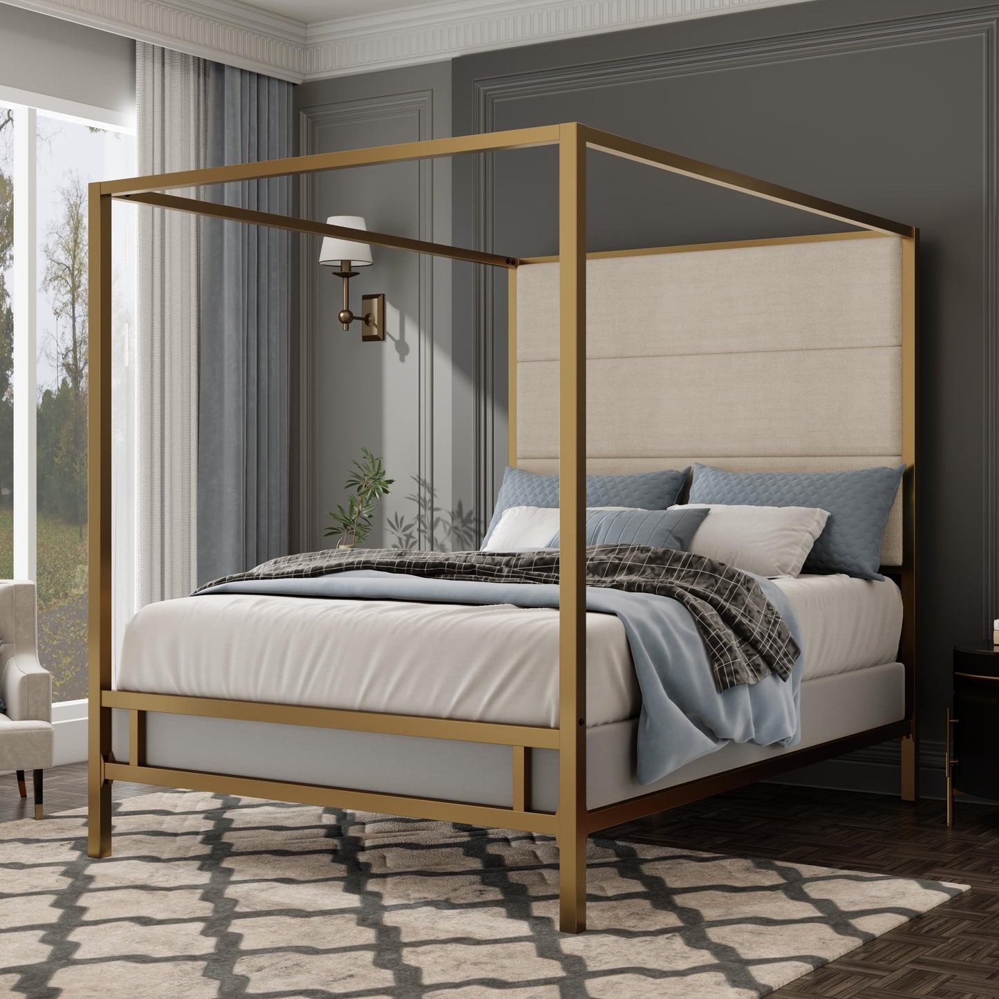 Merax Queen Size Gold Metal Canopy Bed Frame, Modern Upholstered Linen Headboard with Tall Back Support, 800 lbs Weight Capacity, Luxurious 4-Poster Bedroom Furniture for Modern Home, Gold+Tan